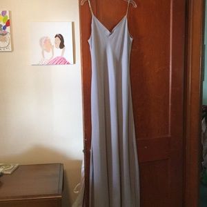Spaghetti strap, gray full length evening dress.